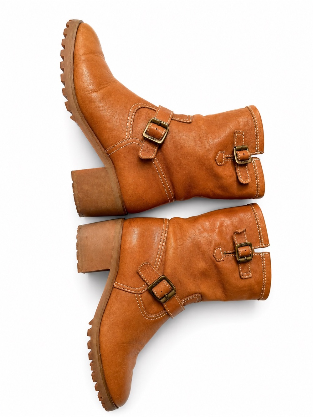 Michael Kors Cognac Leather Moto Ankle Boots | Block Heel | Buckle Detail - Picture 6 of 7